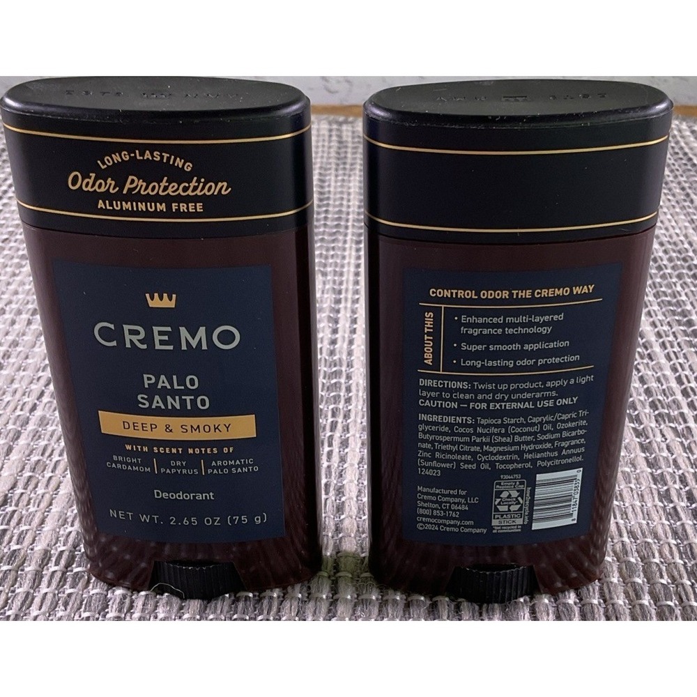2 Pack Cremo Palo Santo Aluminum Free Deodorant for Men 48-hour Protection 2.6oz